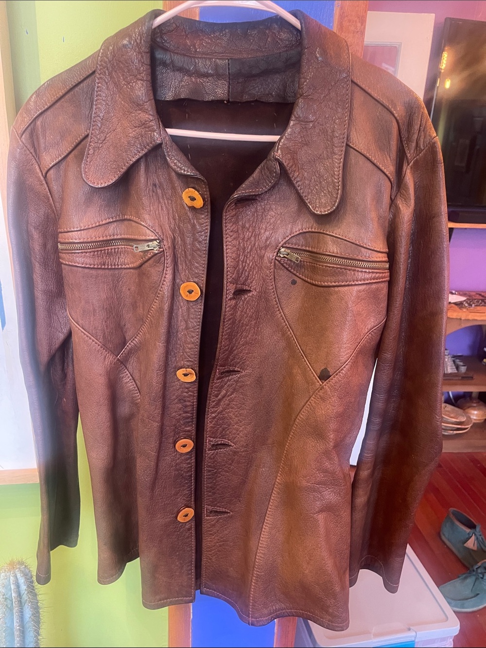 Brown Leather Button-Front Men’s  Jacket